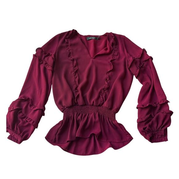 Lauren Ralph Lauren Blouse XS Burgundy Ruffle Fairycore Romantic - Picture 1 of 3